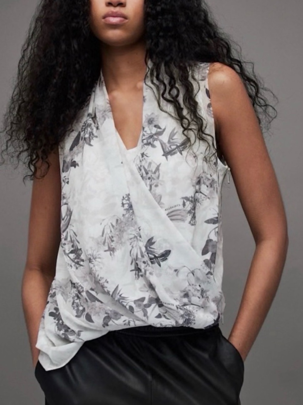 Allsaints Abi Audrey Draped Floral Print Sleeveless Top Asymmetric Mono White 6